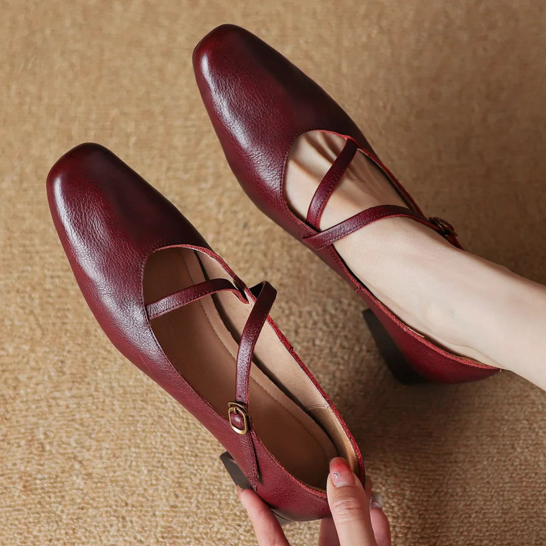 genuine leather square toe slip-on pumps 4cm thick low heel OL style elegant narrow band cross strap slim shoes